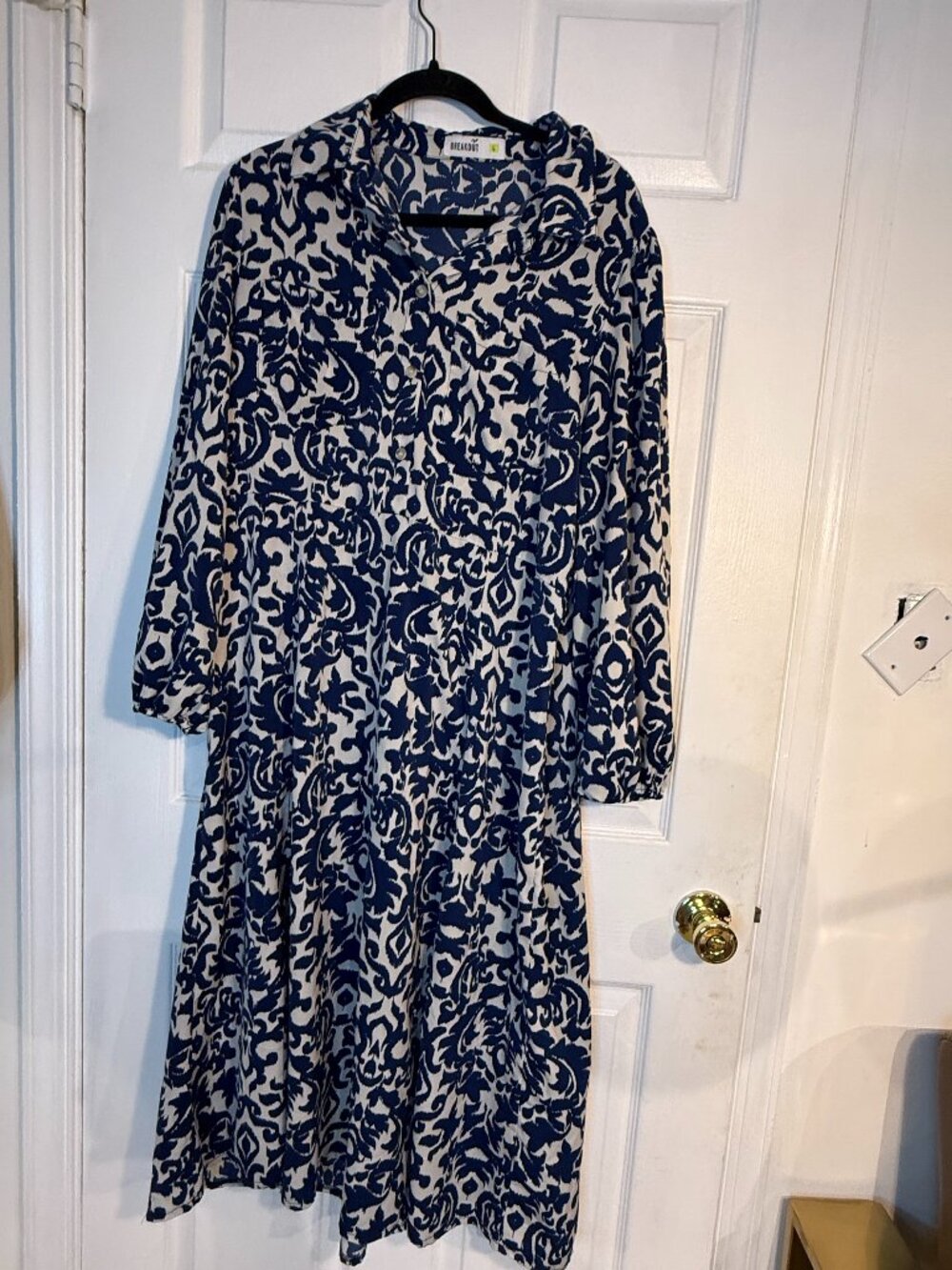 Breakout Blue & White Damask Print Midi Shirt Dress Size Large - Picture 2 of 6